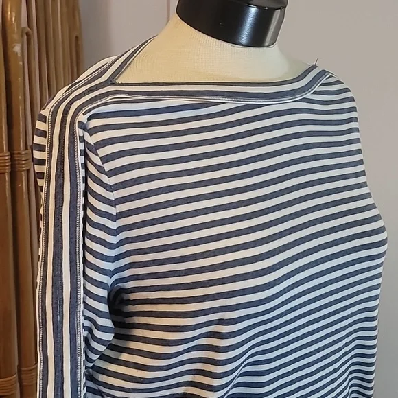 Chaps Denim brand pullover 3/4 sleeve blue white striped boatneck shirt size 2X - Picture 3 of 13